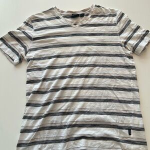 Hugo Boss Men's White V-Neck Short Sleeve Shirt with Gray Stripes